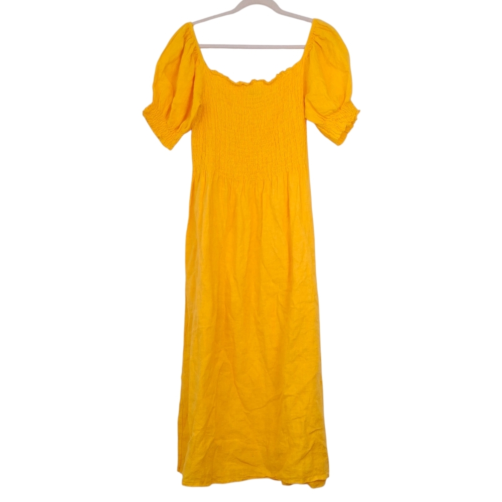 Civico 51 linen midi dress puff sleeve smocked milkmaid beach vacation yellow